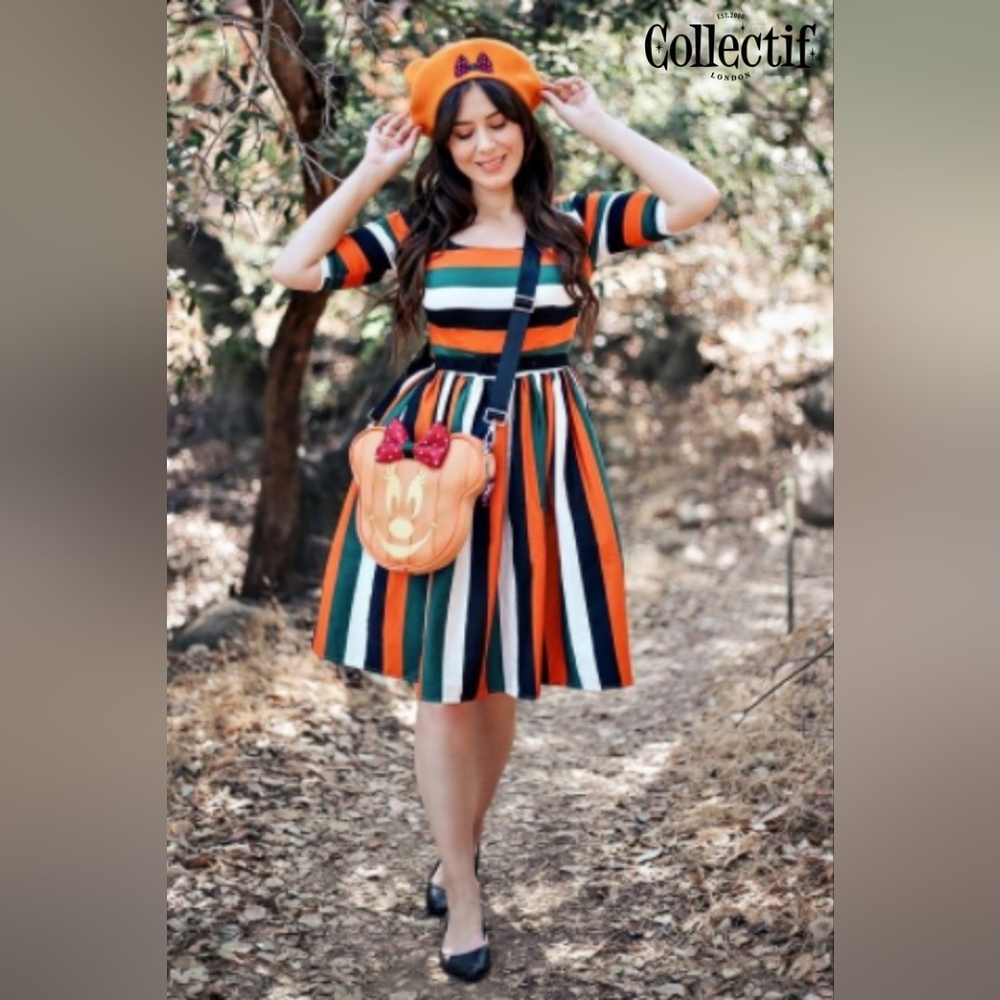 Unique Vintage/Collectif Amber Lea Pumpkin Stripe Dress Size M - Picture 4 of 16